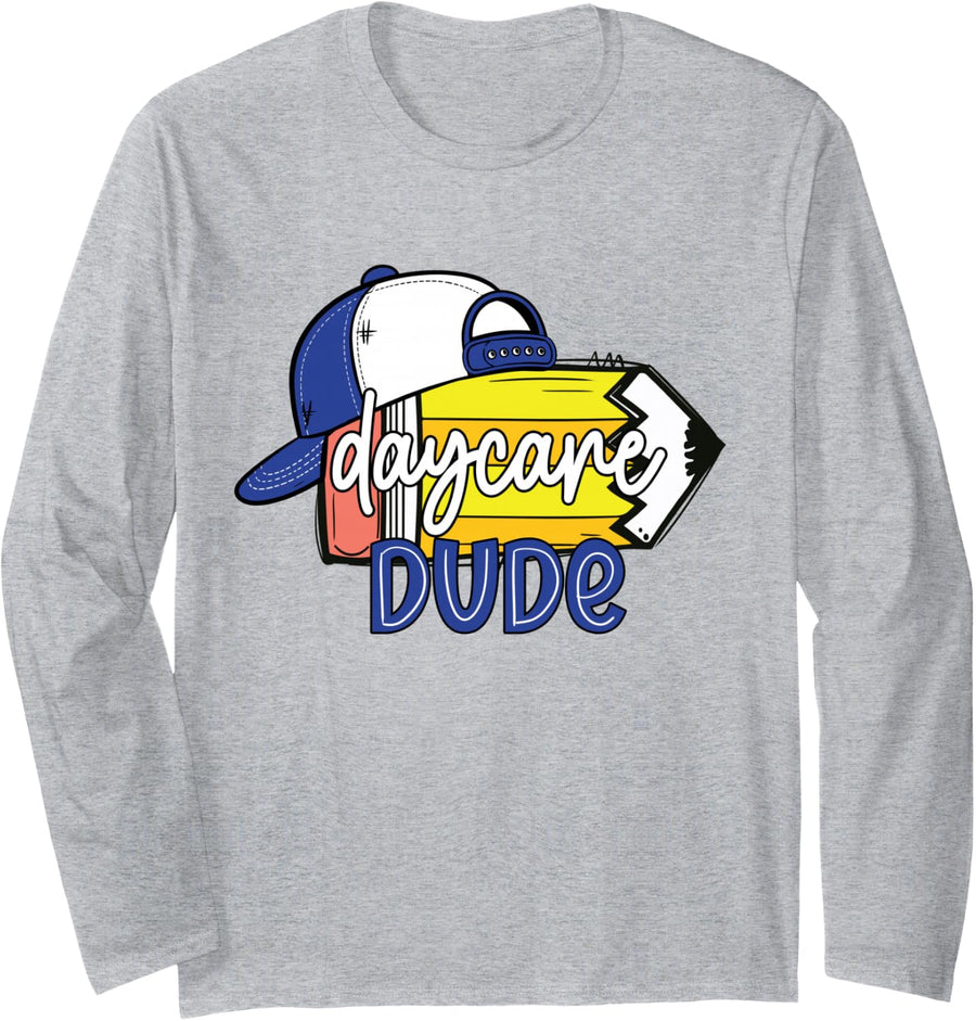 Daycare Dude Cute Pencil Hat Funny First Day of School Long Sleeve T-Shirt - Adult Unisex Heather Grey