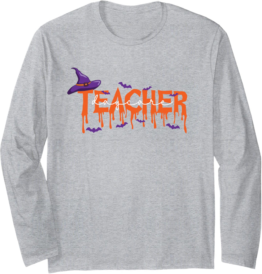 Halloween Daycare Teacher Costume Witch Hat Bats School Long Sleeve T-Shirt - Adult Unisex Heather Grey