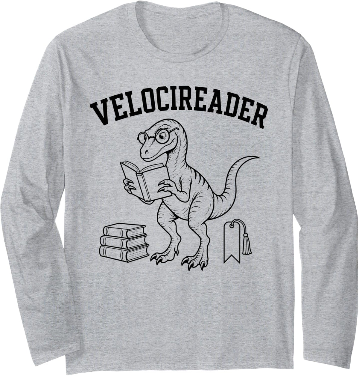 Velocireader Dinosaur Reading Book Lover Teacher Long Sleeve T-Shirt - Adult Unisex Heather Grey