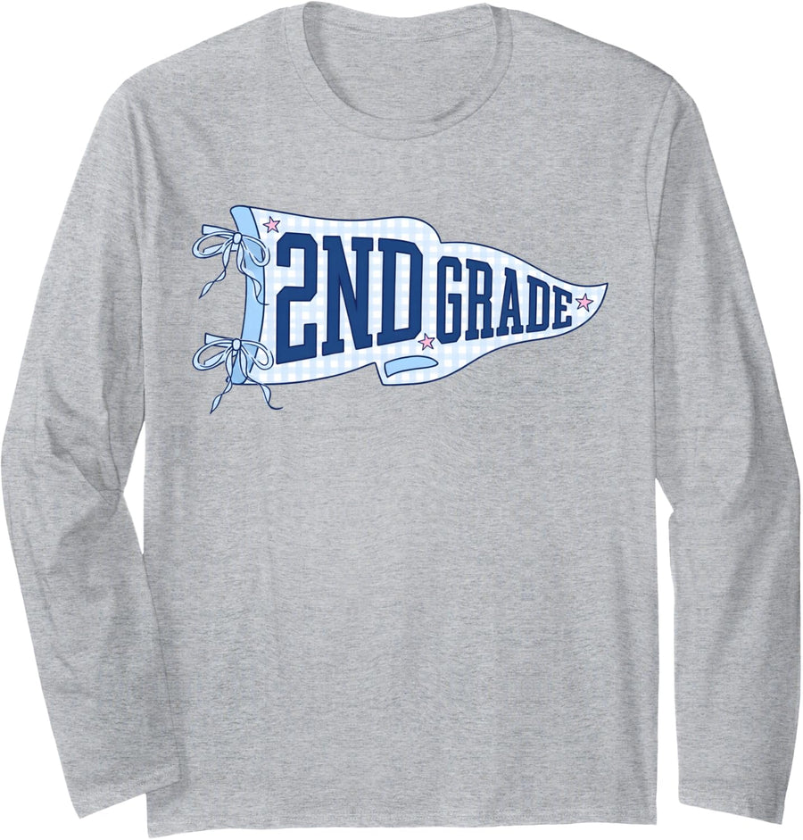 Blue Gingham Pennant Flag First Day of 2nd Grade for Teacher Long Sleeve T-Shirt - Adult Unisex Heather Grey