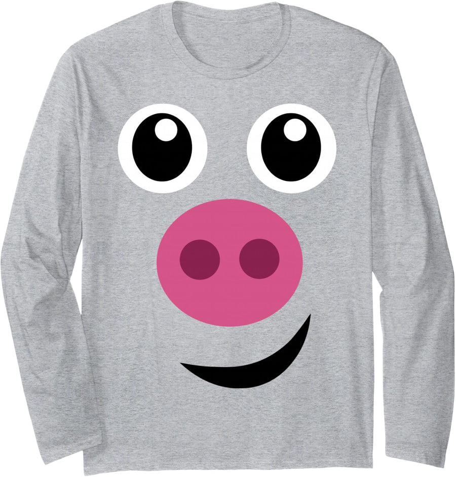 Funny Pig Face T-Shirt Pig Halloween Costume Long Sleeve T-Shirt - Adult Unisex Heather Grey