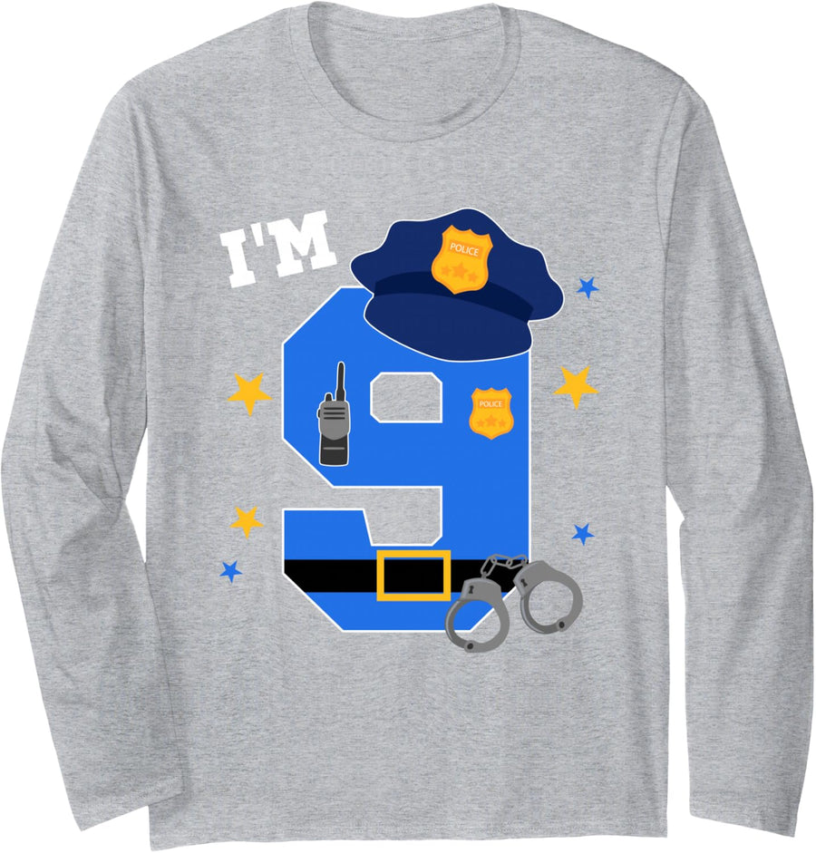 9th Birthday Police Theme 9 Year Old Birthday Police Officer Long Sleeve T-Shirt - Adult Unisex Heather Grey