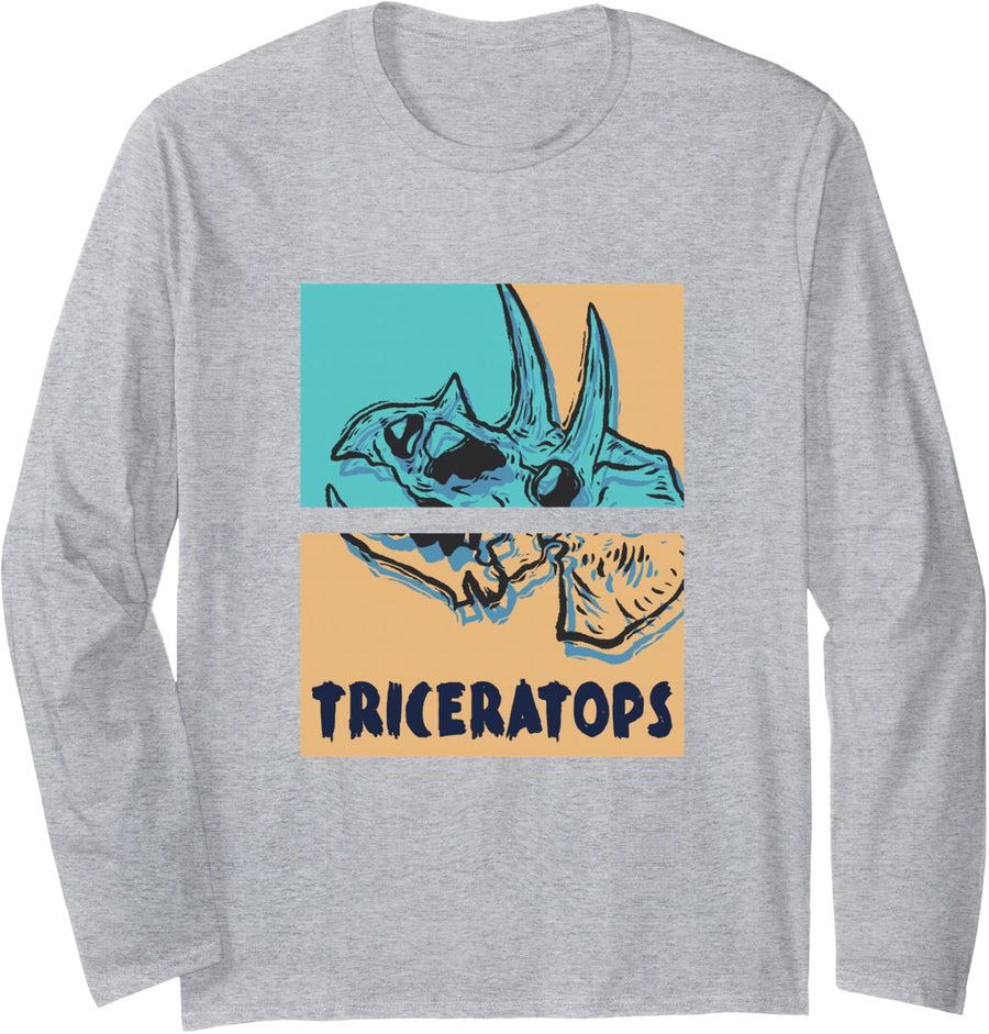 Triceratops Dinosaur Vintage Retro Graphic Design Long Sleeve T-Shirt - Adult Unisex Heather Grey