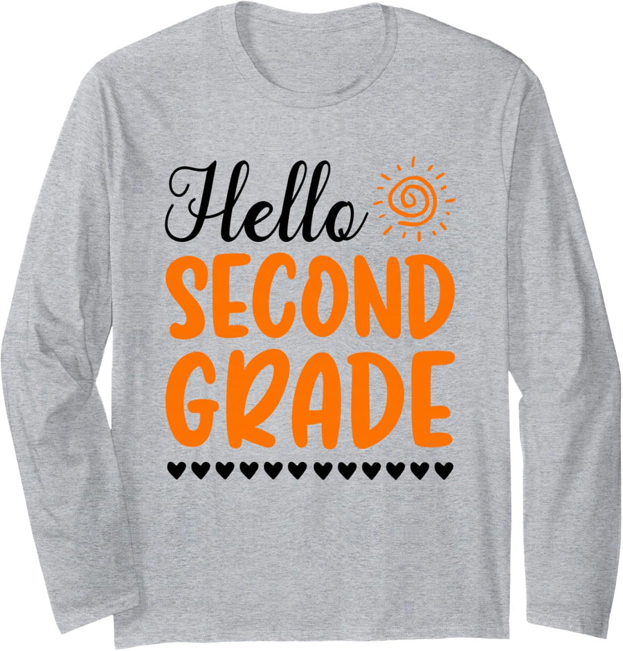 Hello Second Grade Back to School Students Teachers Funny Long Sleeve T-Shirt - Adult Unisex Heather Grey