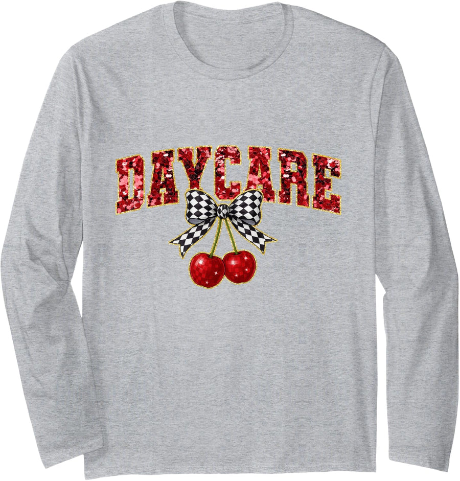 Daycare Bow Cherry Disco First Day of School Long Sleeve T-Shirt - Adult Unisex Heather Grey