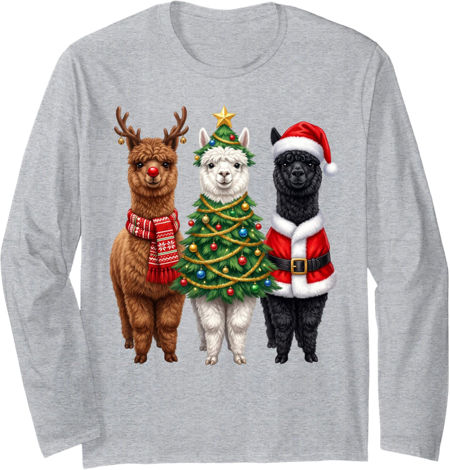 Retro Christmas Alpacas Santa Reindeer Animal Lover Long Sleeve T-Shirt - Adult Unisex Heather Grey