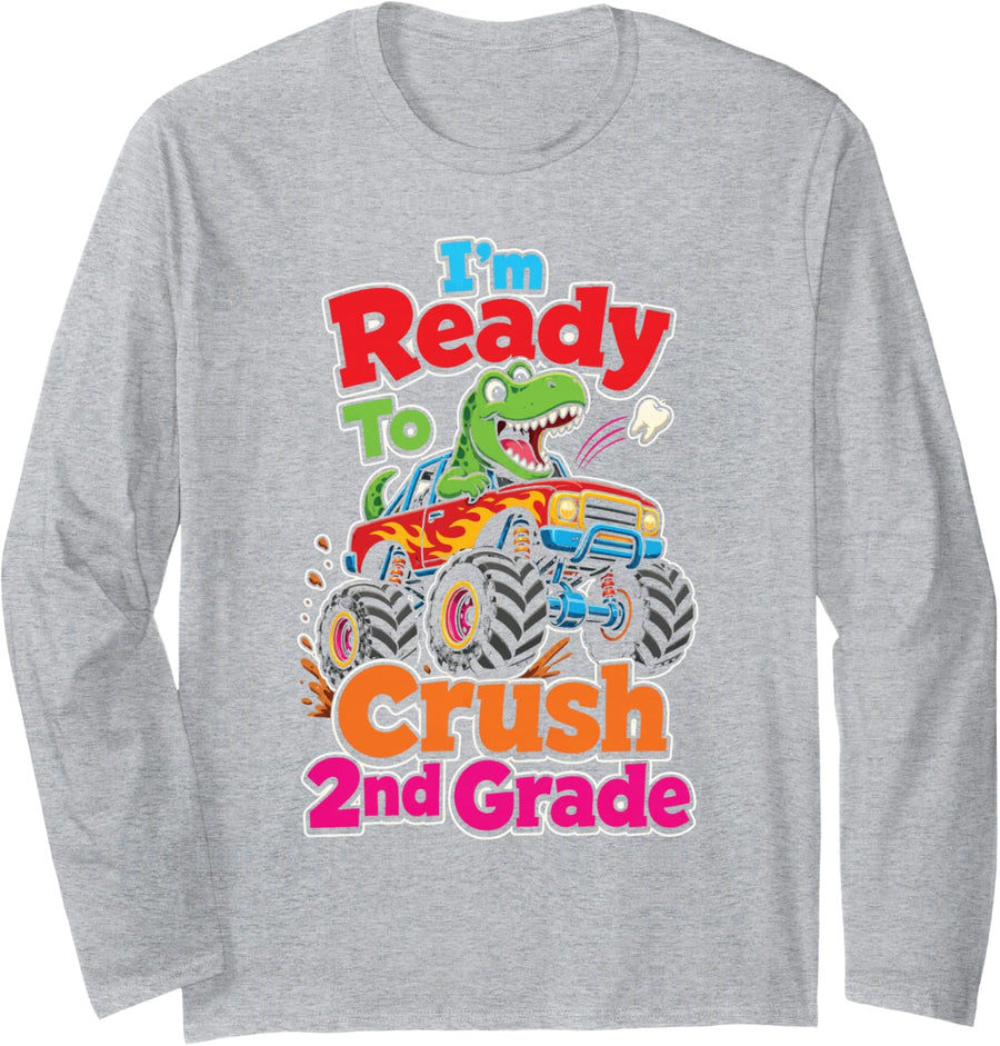 Second Grade Monster Truck I'm Ready to Crush 2nd Grade Long Sleeve T-Shirt - Adult Unisex Heather Grey