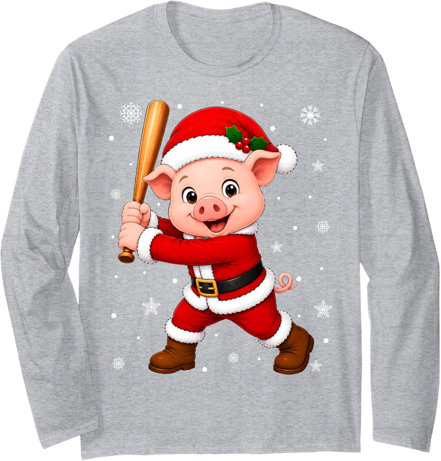 Cute Festive Pig Playing Baseball Christmas Long Sleeve T-Shirt - Adult Unisex Heather Grey