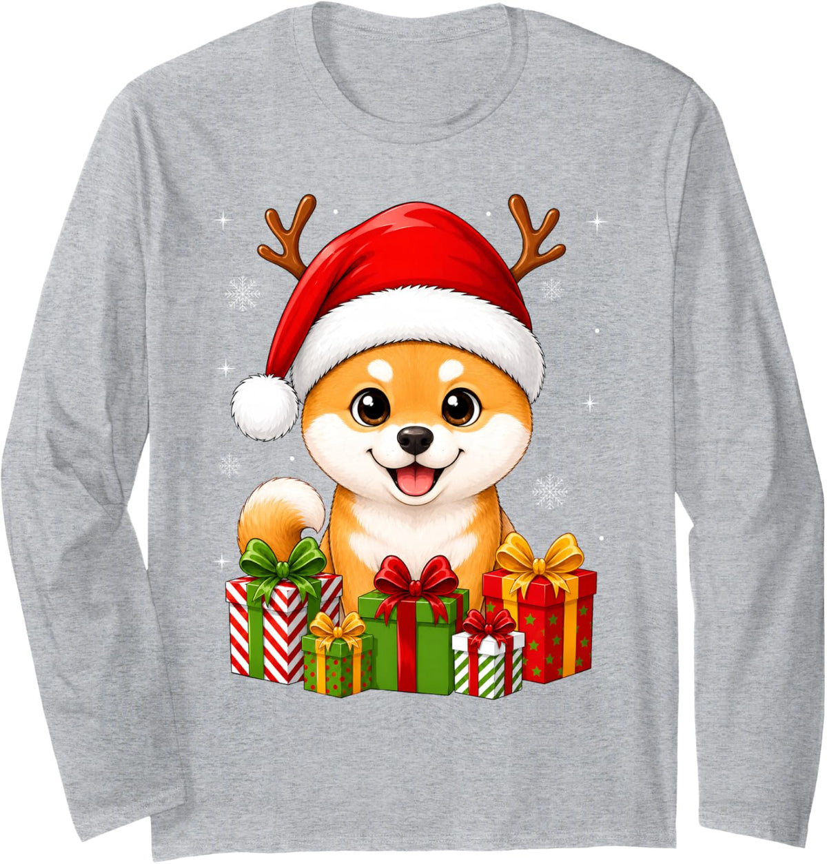 Xmas Decor Cute Festive Santa Hat Shiba Inu Dog Christmas Long Sleeve T-Shirt - Adult Unisex Heather Grey