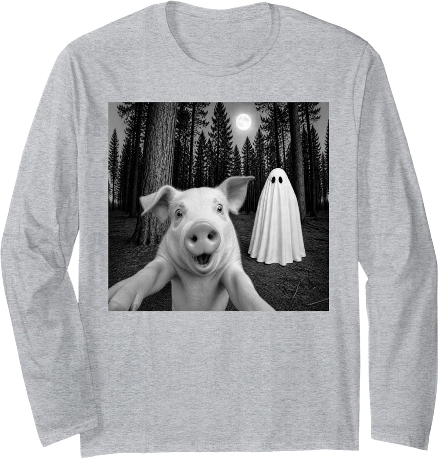 Spooky Pig Selfie with Ghost Halloween Farm Animal Long Sleeve T-Shirt - Adult Unisex Heather Grey