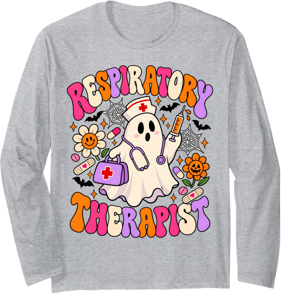 Respiratory Therapist RRT Medical Appreciation Halloween Long Sleeve T-Shirt - Adult Unisex Heather Grey