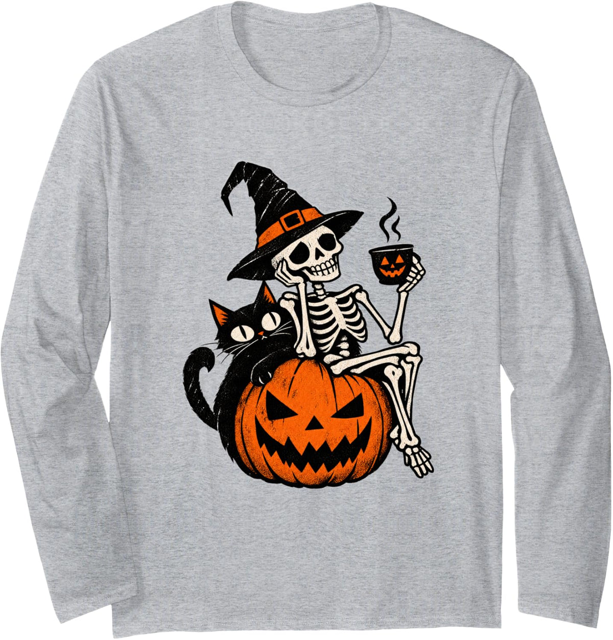 Spooky Crazy Dark Cat Pumpkin Halloween Art Vintage Long Sleeve T-Shirt - Adult Unisex Heather Grey