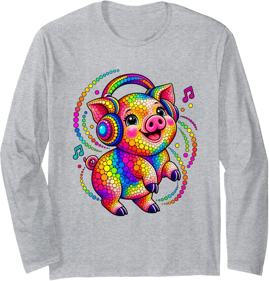 Funny Pig Dots Art Animal Lovers Boys Girls Students Long Sleeve T-Shirt - Adult Unisex Heather Grey