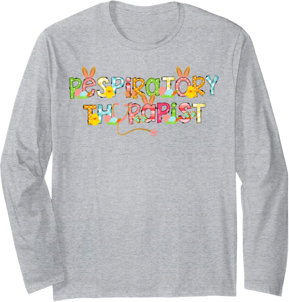 Cute Easter Day Respiratory Therapist RT Bunny Ears Costume Long Sleeve T-Shirt - Adult Unisex Heather Grey