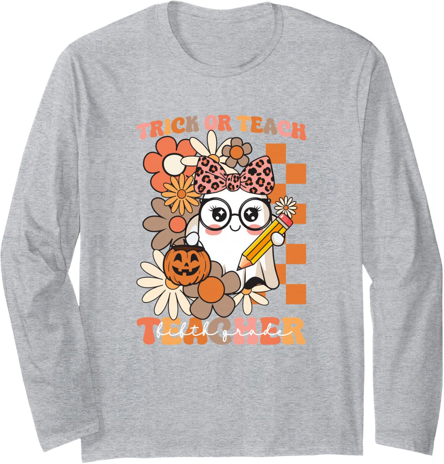 Trick or Teach Fifth Grade Teacher Halloween Floral Ghost Long Sleeve T-Shirt - Adult Unisex Heather Grey