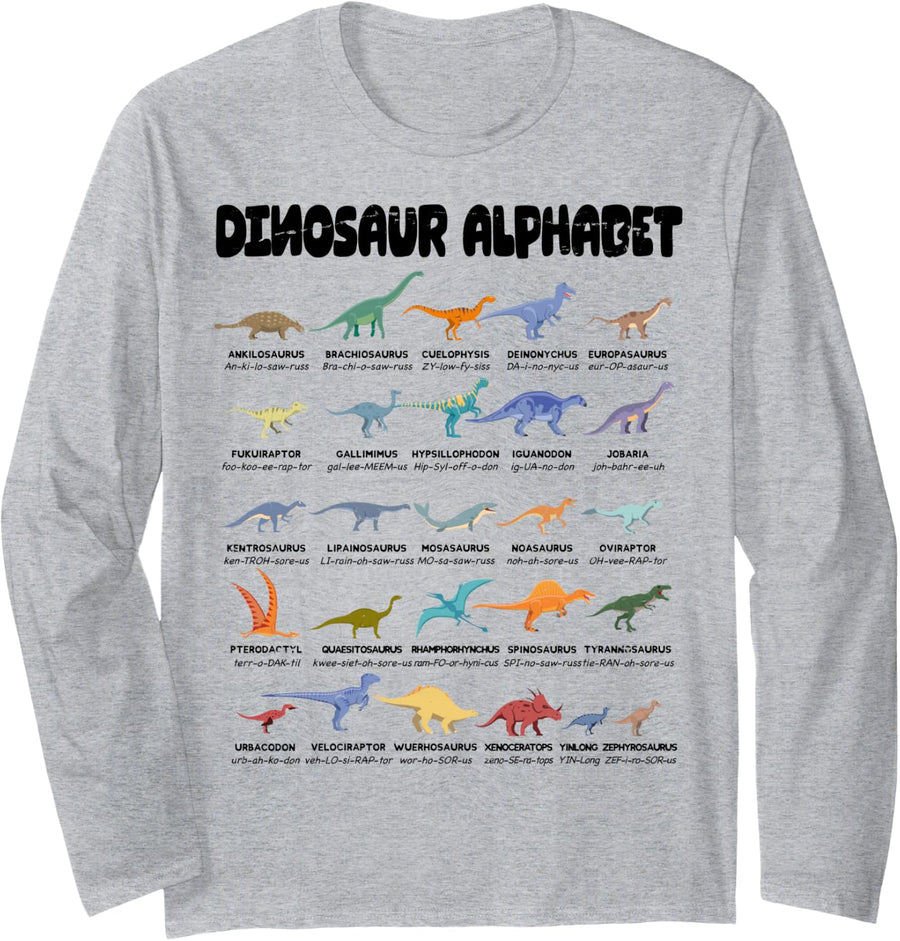 Dinosaur Alphabet Types of Dinosaurs Dino Identification Long Sleeve T-Shirt - Adult Unisex Heather Grey