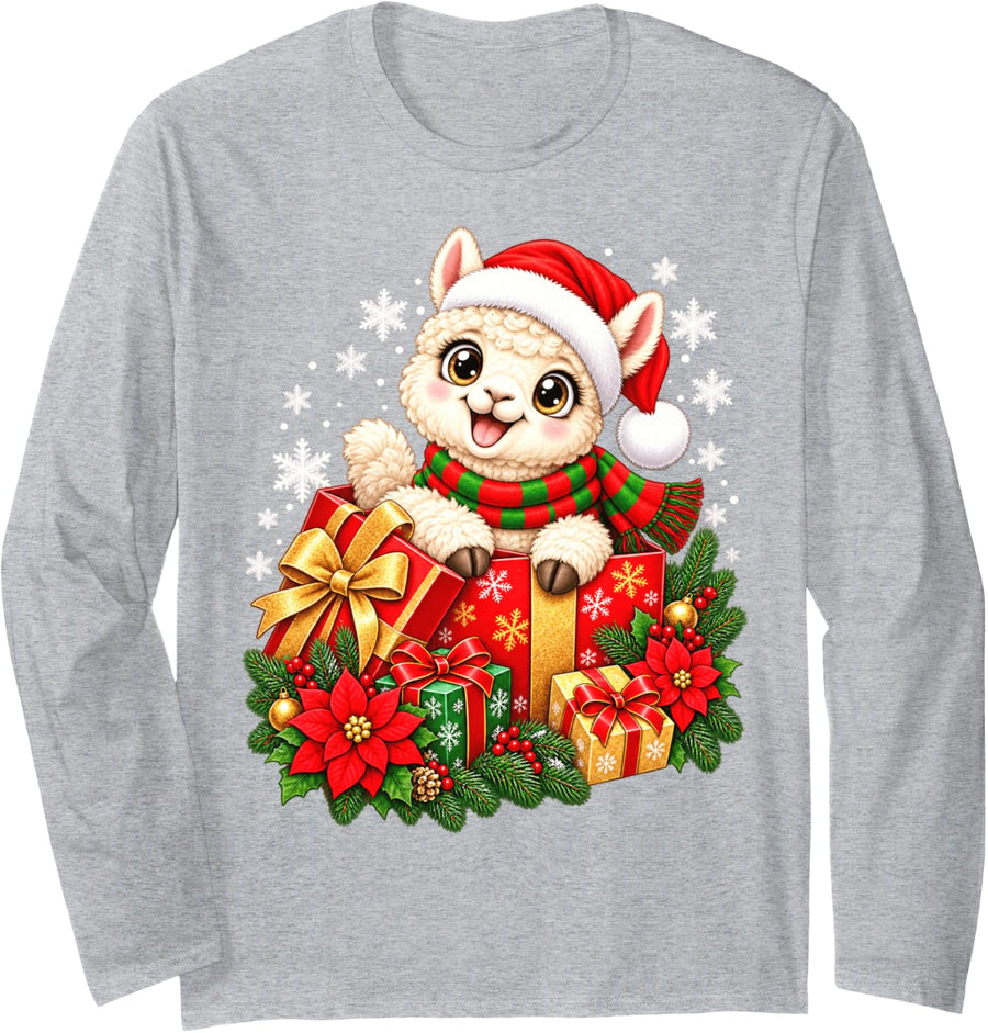 Cute Christmas Alpaca Santa Hat Winter Holiday Long Sleeve T-Shirt - Adult Unisex Heather Grey