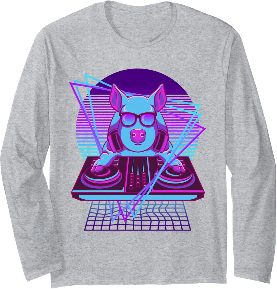 Party Music Pigs 90s Retro Aesthetics DJ Pig Long Sleeve T-Shirt - Adult Unisex Heather Grey