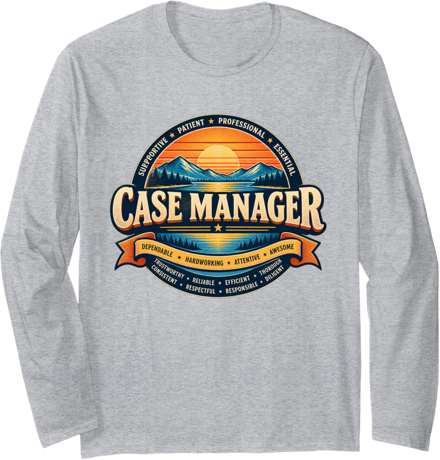 Vintage Retro Mountain Sunset Case Manager Social Worker Long Sleeve T-Shirt - Adult Unisex Heather Grey