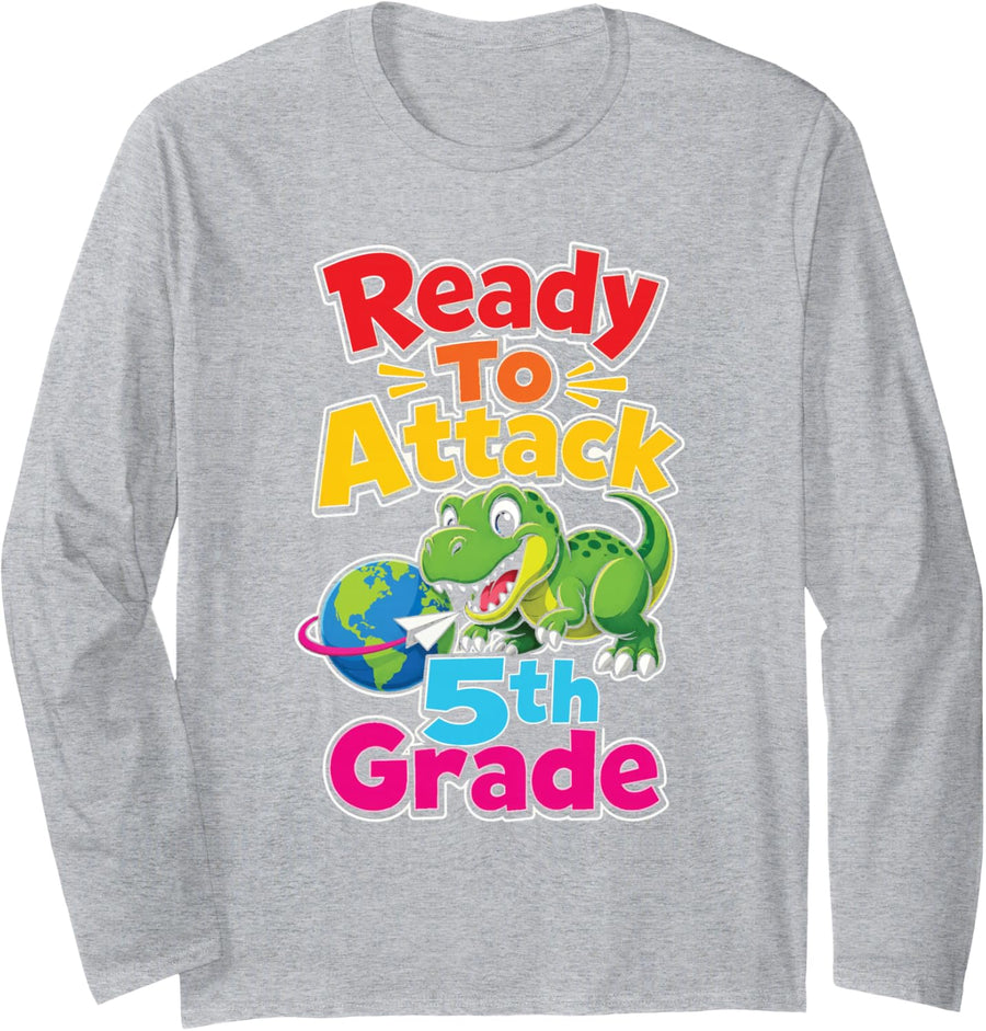 5th Grade Ready to Attack T Rex First Day Elementary School Long Sleeve T-Shirt - Adult Unisex Heather Grey