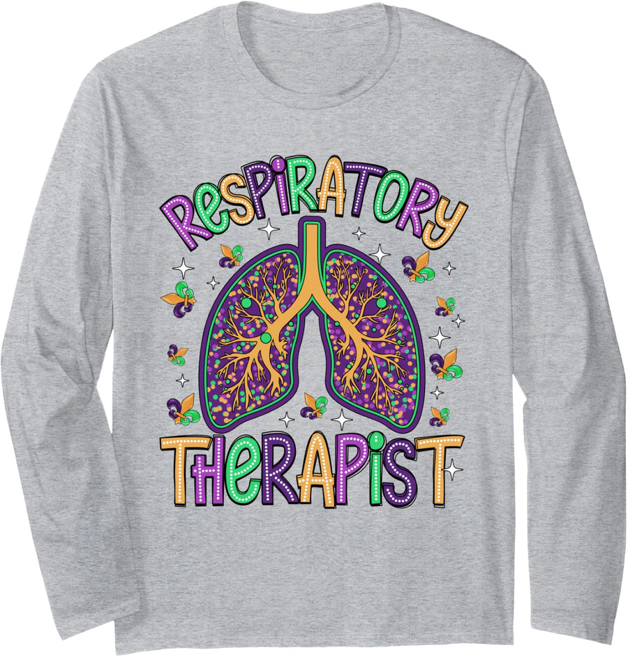 Retro Respiratory Therapy RT Therapist Mardi Gras Carnival Long Sleeve T-Shirt - Adult Unisex Heather Grey