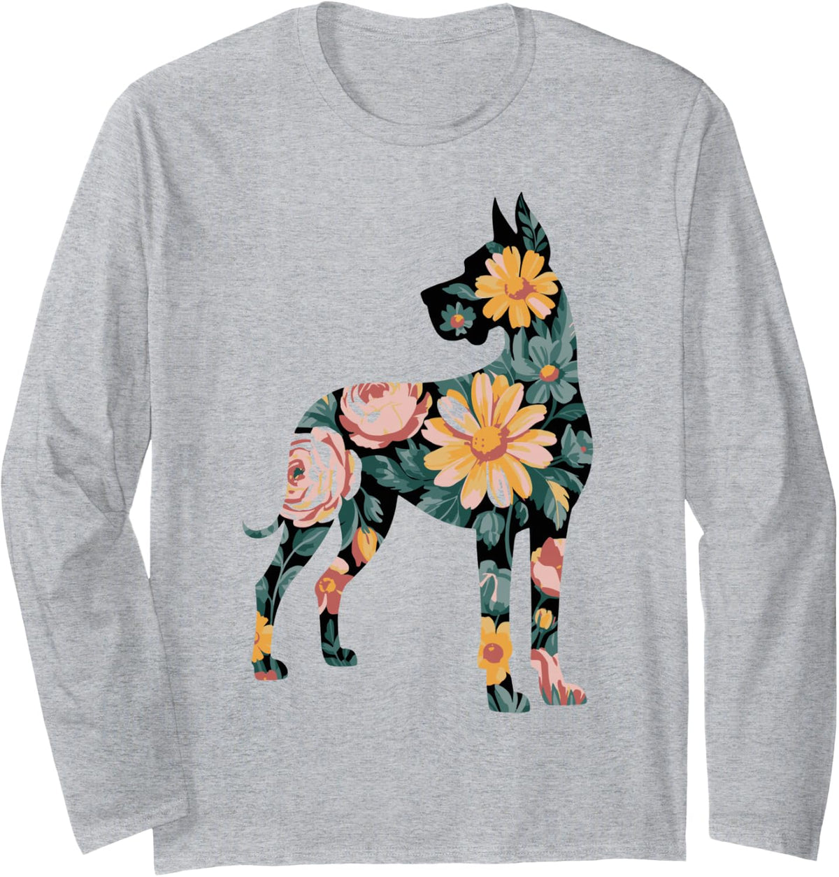 Great Dane Floral Silhouette Dog Great Dane Lovers Owners Long Sleeve T-Shirt - Adult Unisex Heather Grey