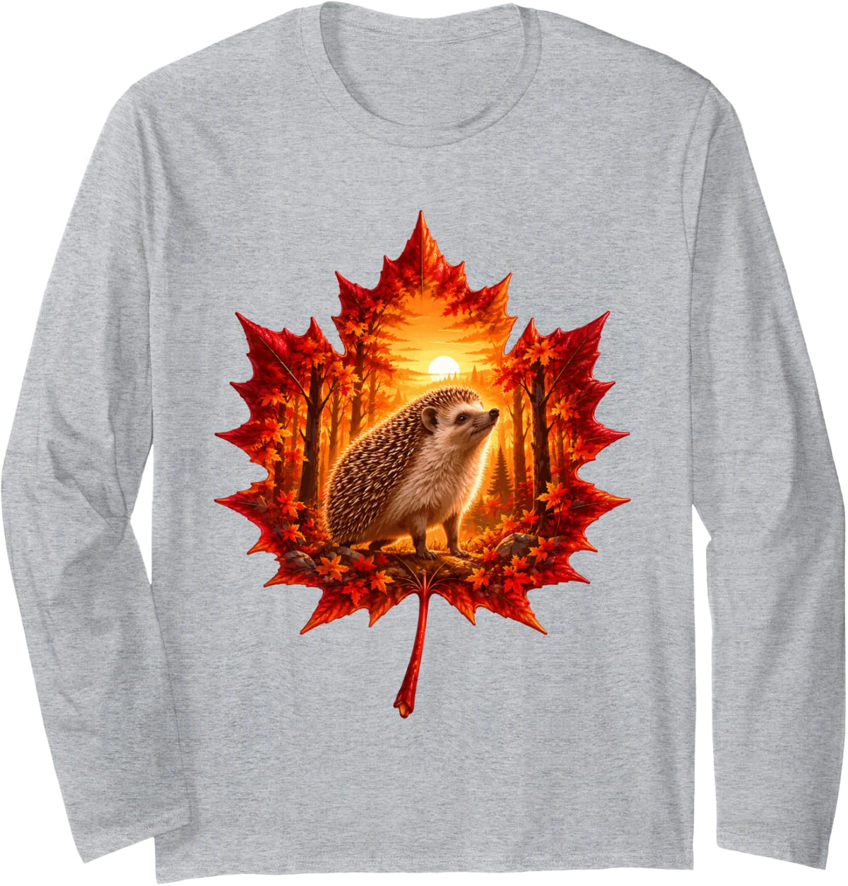 Fall Hedgehog with Maple Leaf and Autumn Forest Sunset Long Sleeve T-Shirt - Adult Unisex Heather Grey