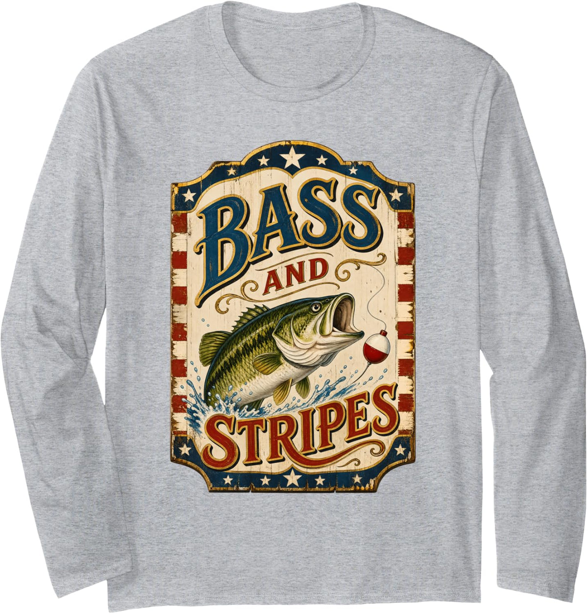 Bass and Stripes Fishing Long Sleeve T-Shirt - Adult Unisex Heather Grey
