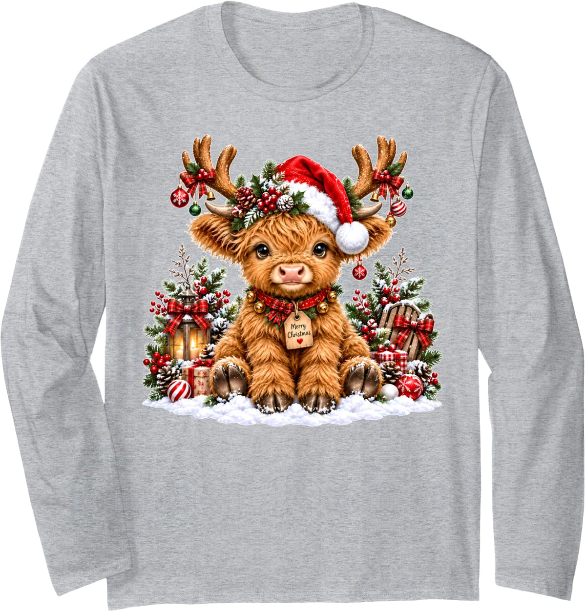 Christmas Cute Highland Cow Santa Hat Farm Animal Lover Xmas Long Sleeve T-Shirt - Adult Unisex Heather Grey