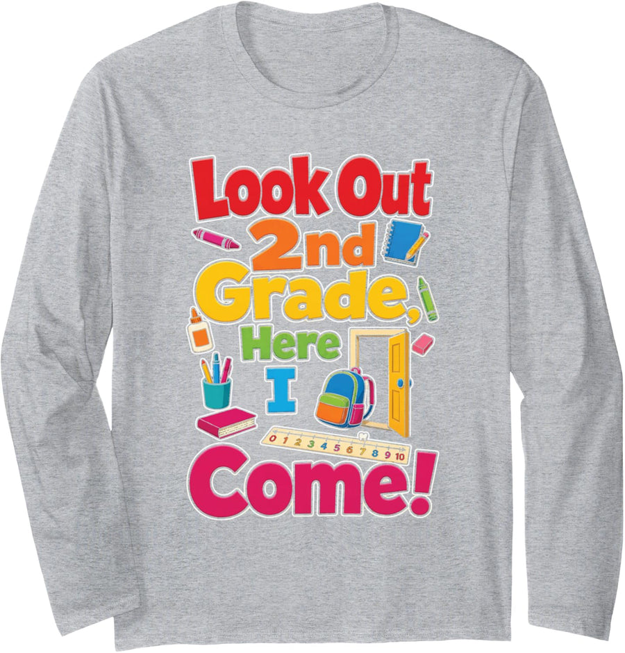 2nd Grade Look Out Here I Come First Day of School Long Sleeve T-Shirt - Adult Unisex Heather Grey