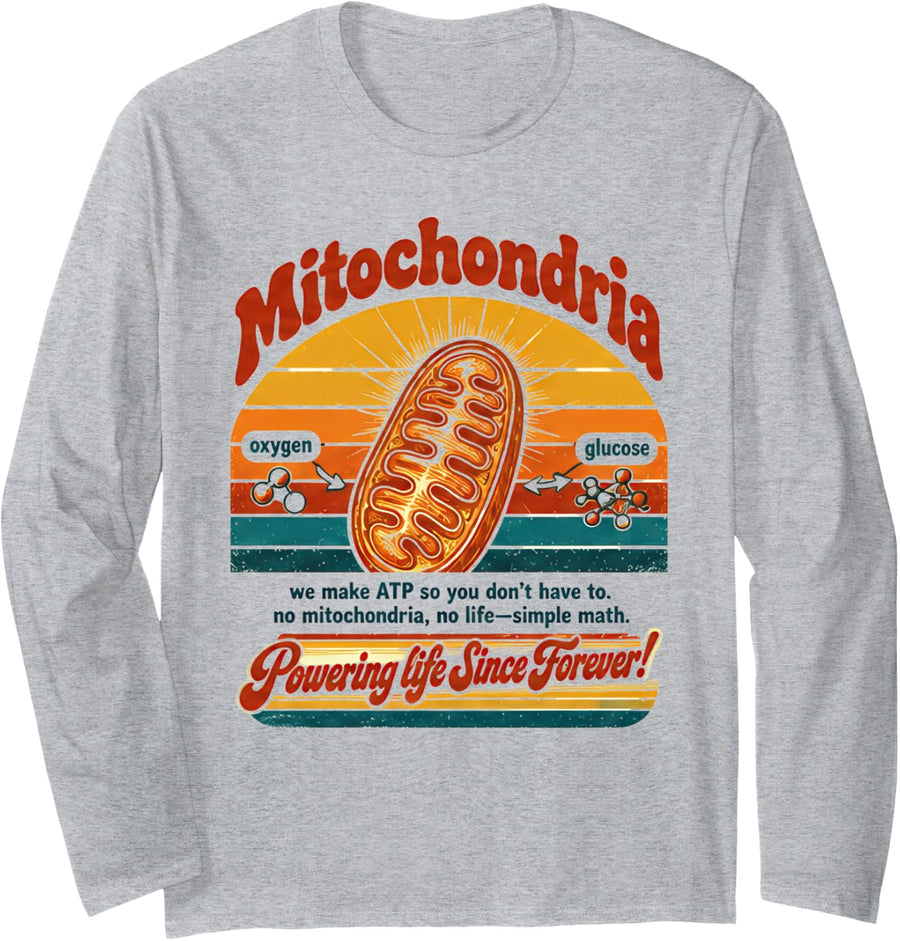 Biology Tshirt Mitochondria Cell Retro Vintage Gift Science Long Sleeve T-Shirt - Adult Unisex Heather Grey