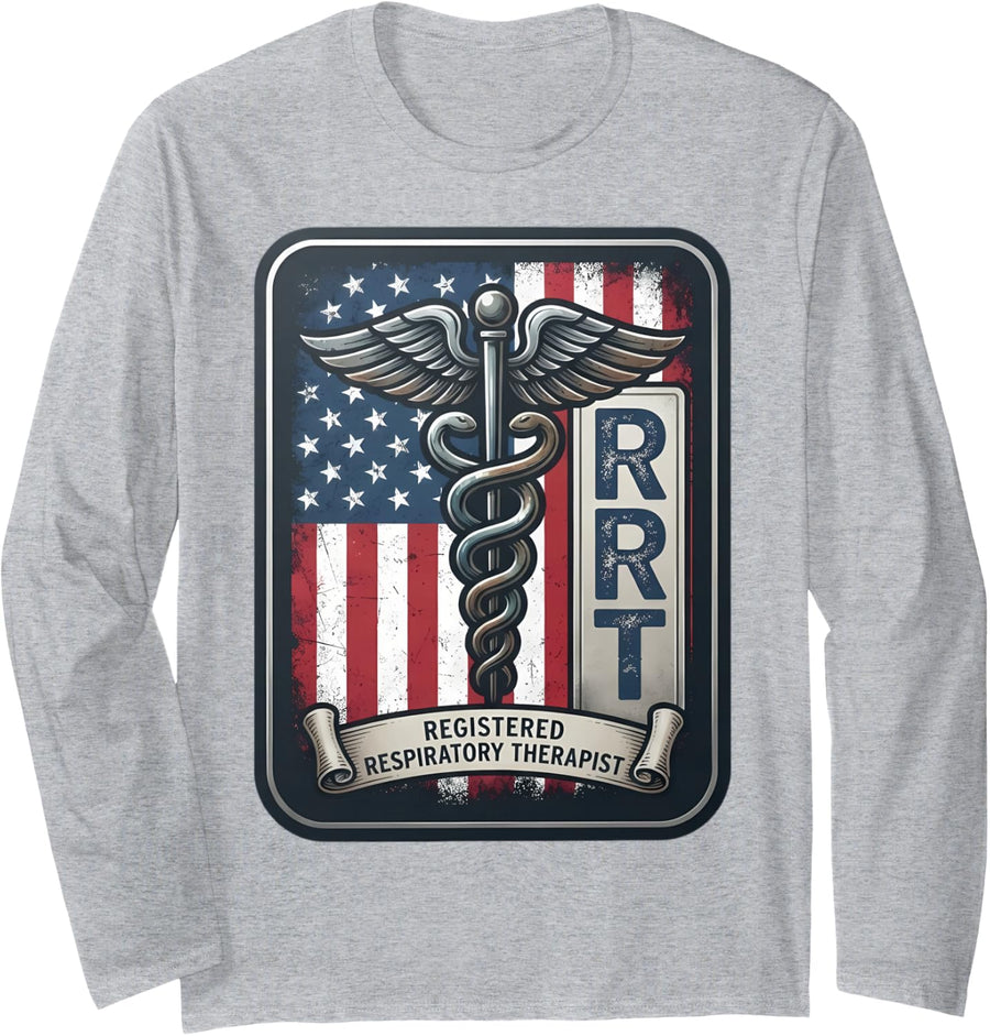 RRT American Registered Respiratory Therapist Pulmonary USA Long Sleeve T-Shirt - Adult Unisex Heather Grey