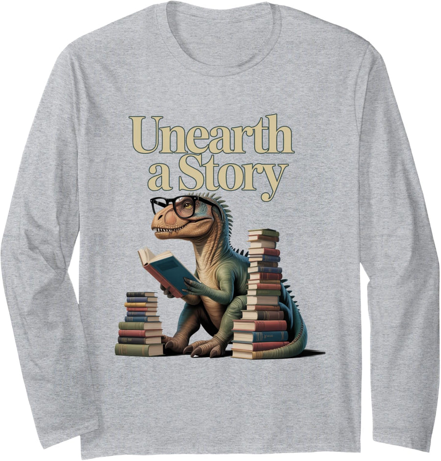 Unearth A Story Dinosaur Library Summer Reading 2026 Long Sleeve T-Shirt - Adult Unisex Heather Grey