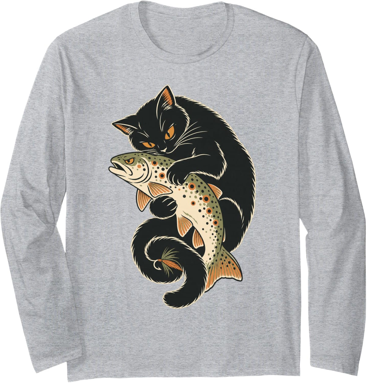 Trout with Cat Halloween Fish Fly Fishing Long Sleeve T-Shirt - Adult Unisex Heather Grey