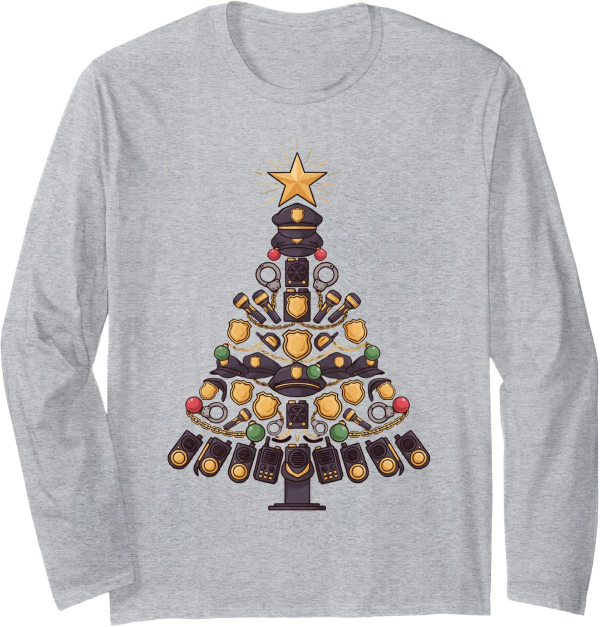 Police Officer Christmas Tree Long Sleeve T-Shirt - Adult Unisex Heather Grey