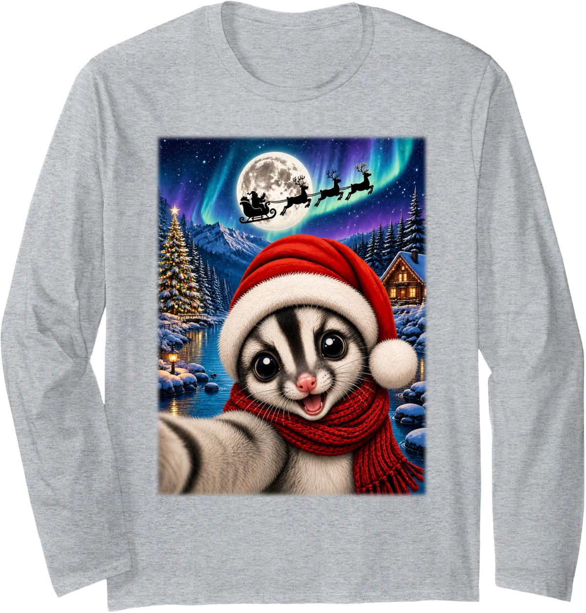 Sugar Glider Christmas Selfie Moon Night Santa Sleigh Xmas Long Sleeve T-Shirt - Adult Unisex Heather Grey