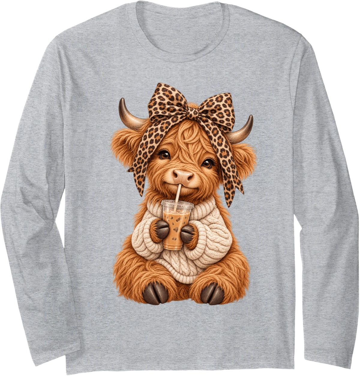 Funnny Highland Cow Iced Coffee Leopard Bow Cute Cowgirl Long Sleeve T-Shirt - Adult Unisex Heather Grey