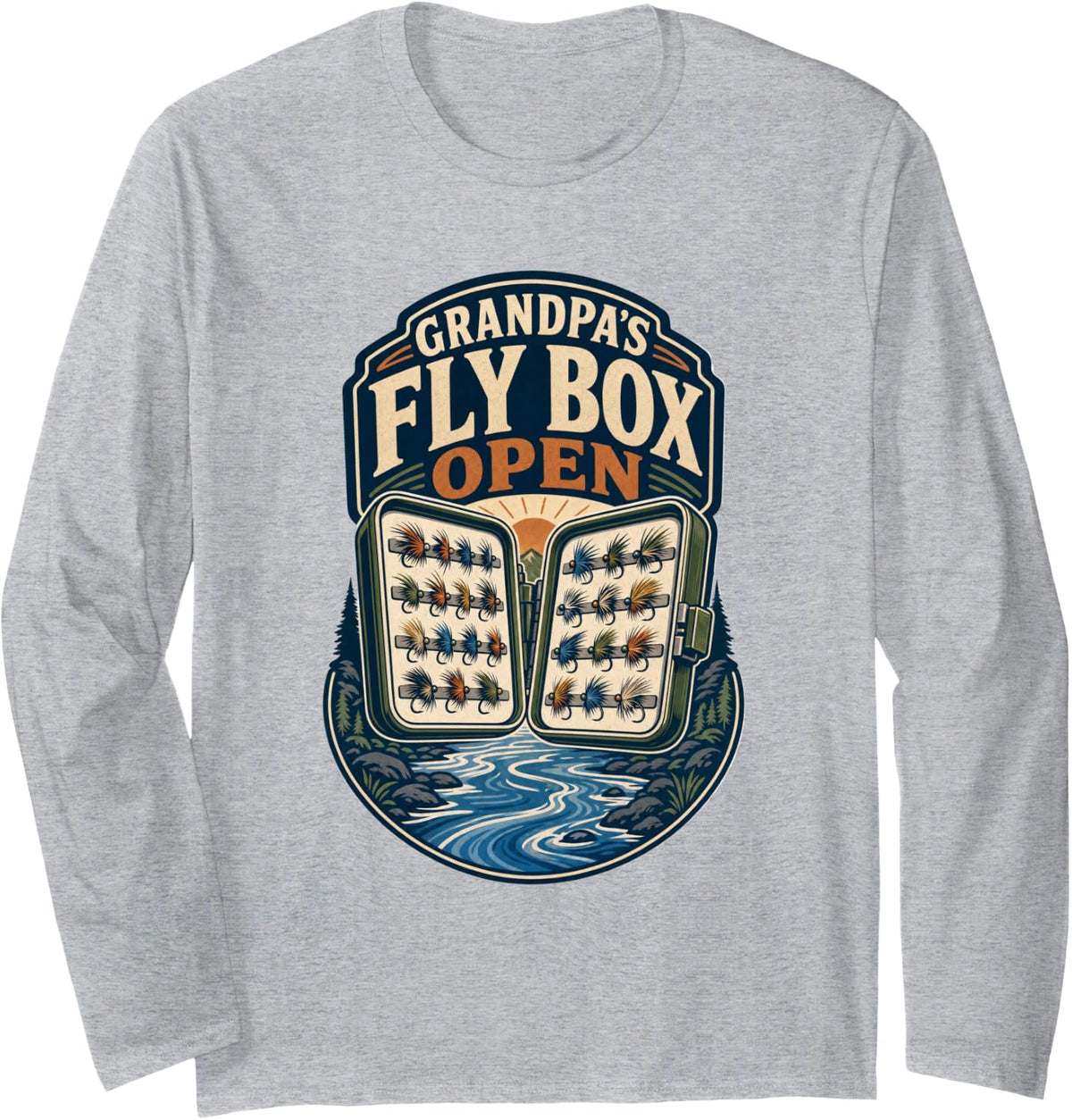 Grandpa's Fly Box Open Fishing T-Shirt Long Sleeve T-Shirt - Adult Unisex Heather Grey