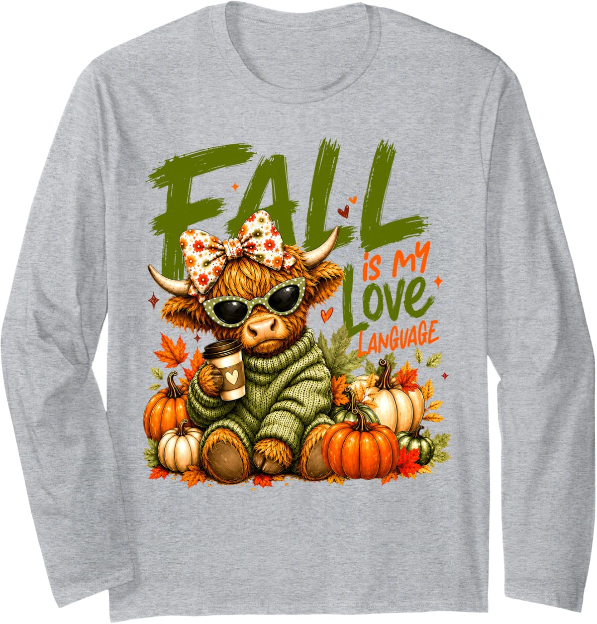 Highland Cow Fall is My Love Language Pumpkin Spice Coffee Long Sleeve T-Shirt - Adult Unisex Heather Grey