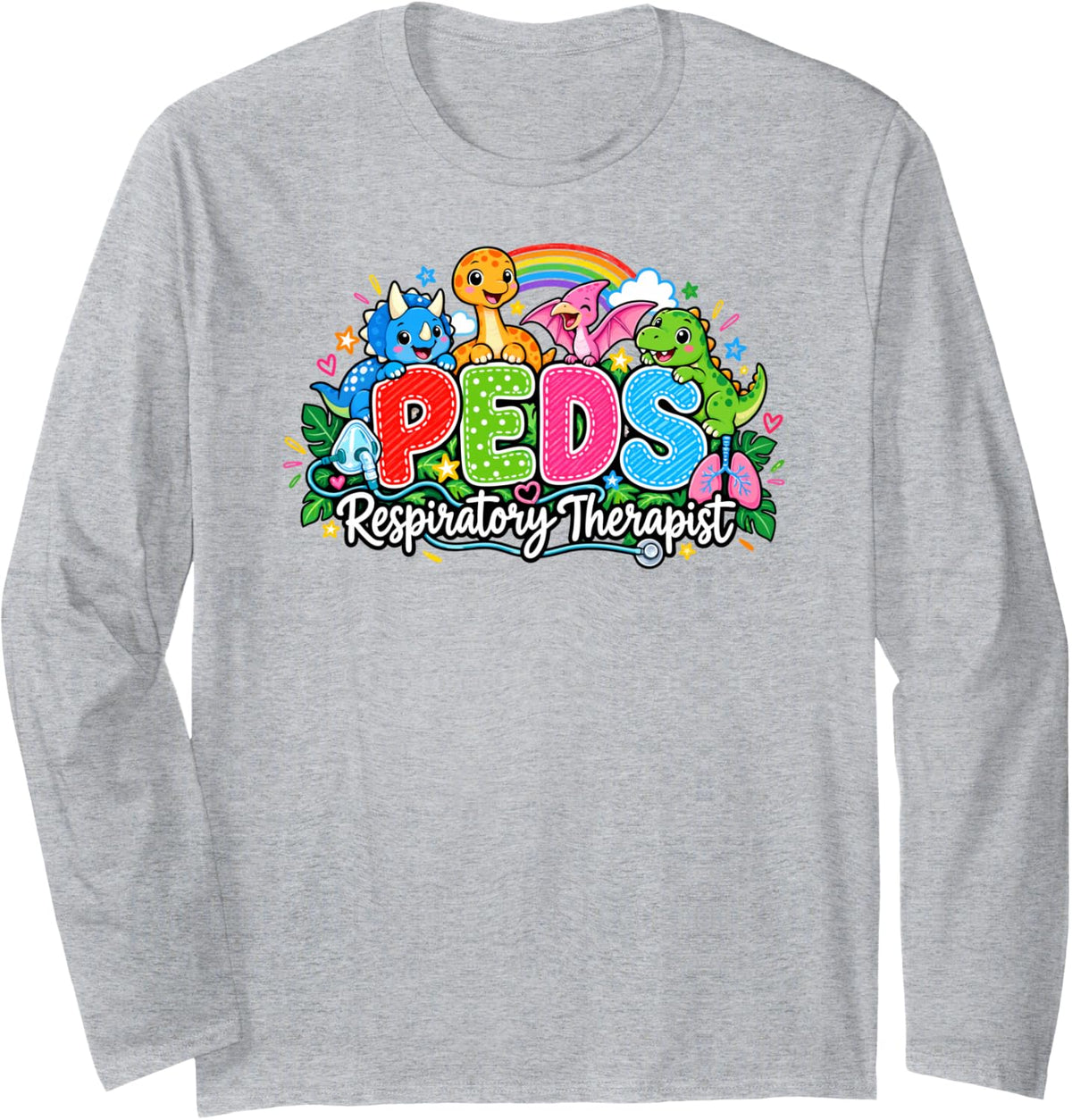 PEDS Pediatric Respiratory Therapist Dino Medical Profession Long Sleeve T-Shirt - Adult Unisex Heather Grey