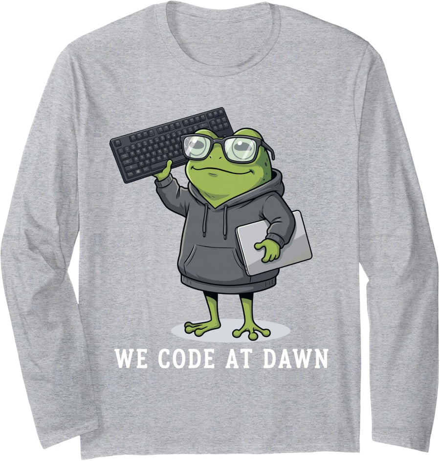 We Code At Dawn Funny Frog Programmer Software Engineer Nerd Long Sleeve T-Shirt - Adult Unisex Heather Grey