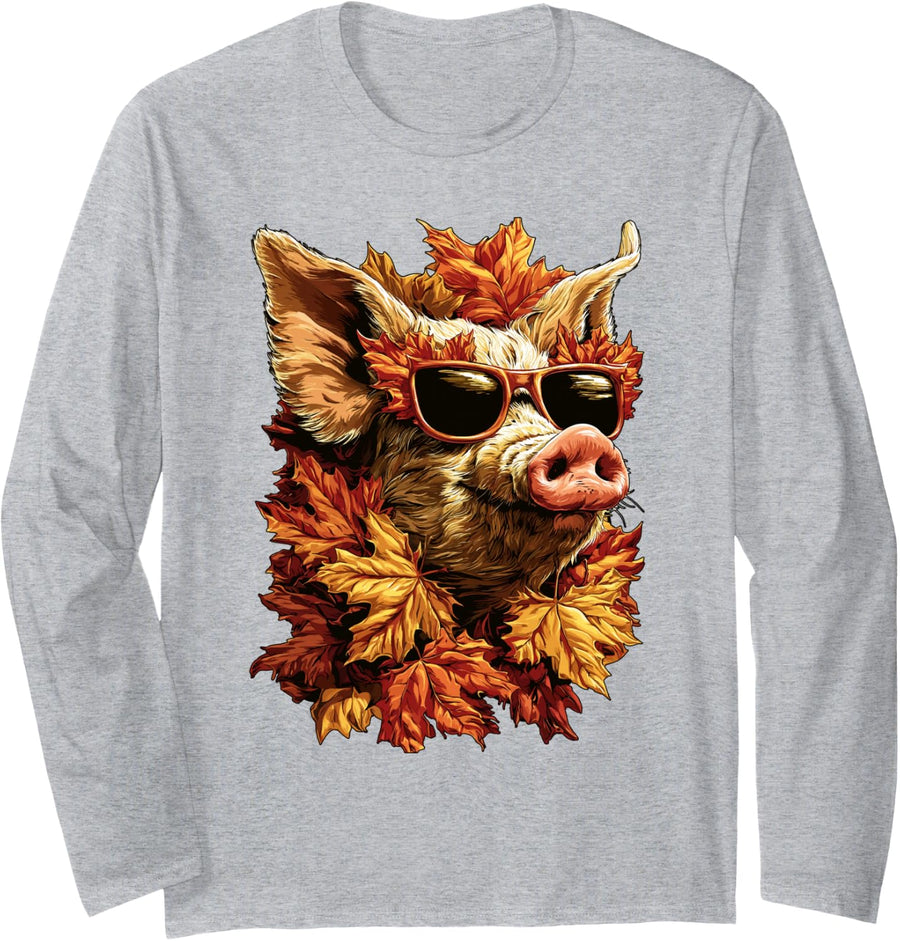 Fall Pig with Sunglasses Autumn Leaves Farm Animal Graphic Long Sleeve T-Shirt - Adult Unisex Heather Grey