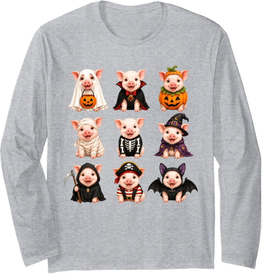 Cute Halloween Pig Pumpkin Ghost and Witch Costumes Long Sleeve T-Shirt - Adult Unisex Heather Grey