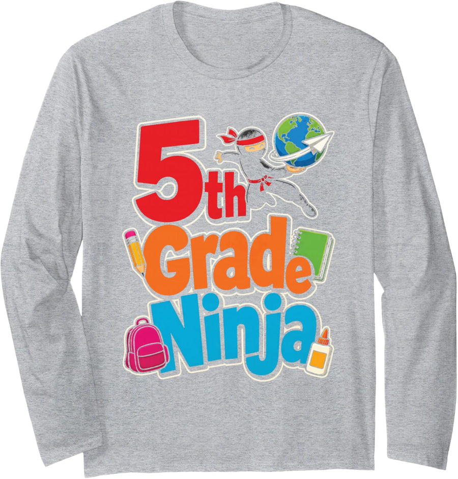 5th Grade Ninja Cartoon Kids First Day Globe Backpack Long Sleeve T-Shirt - Adult Unisex Heather Grey