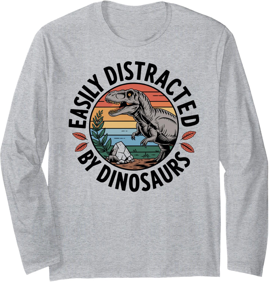 Easily Distracted By Dinosaurs Long Sleeve T-Shirt - Adult Unisex Heather Grey