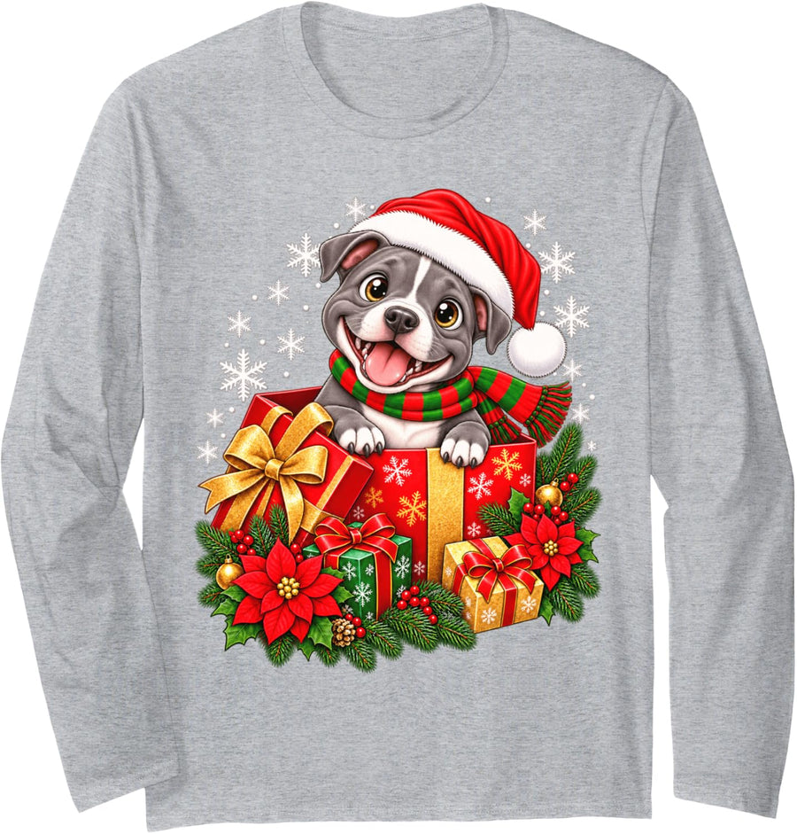 Cute Christmas Pig Santa Hat Winter Holiday Long Sleeve T-Shirt - Adult Unisex Heather Grey