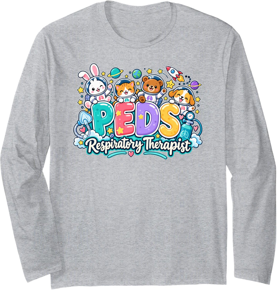PEDS Respiratory Therapist Cute Space Animals Healthcare RT Long Sleeve T-Shirt - Adult Unisex Heather Grey