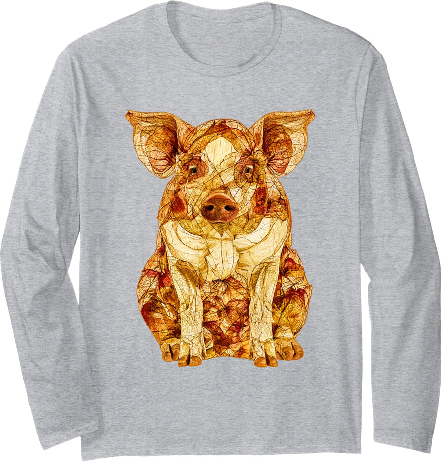 Cute Pig with Autumn Leaves Artistic Farm Animal Fall Art Long Sleeve T-Shirt - Adult Unisex Heather Grey