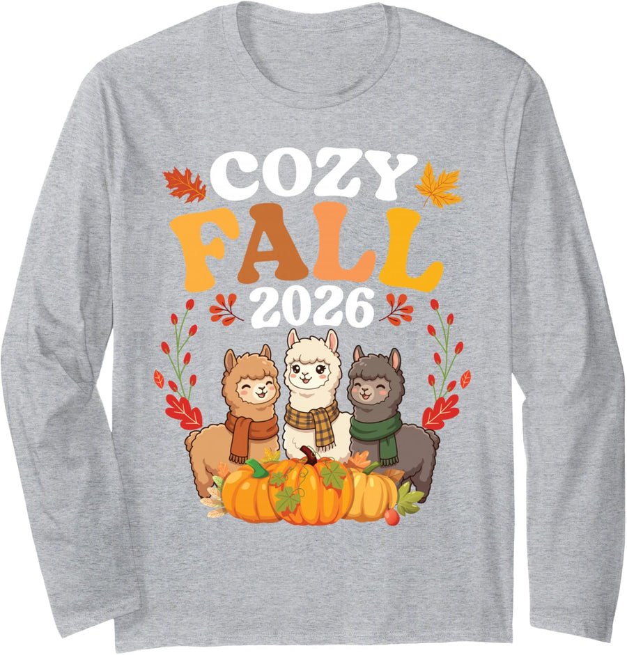 Cozy Fall 2026 Cute Alpaca Together Autumn Leaves Pumpkin Long Sleeve T-Shirt - Adult Unisex Heather Grey