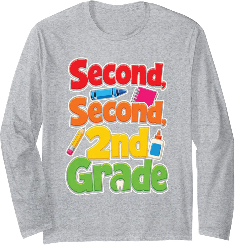 2nd Grade Second Elementary First Day Loose Tooth Kids Long Sleeve T-Shirt - Adult Unisex Heather Grey